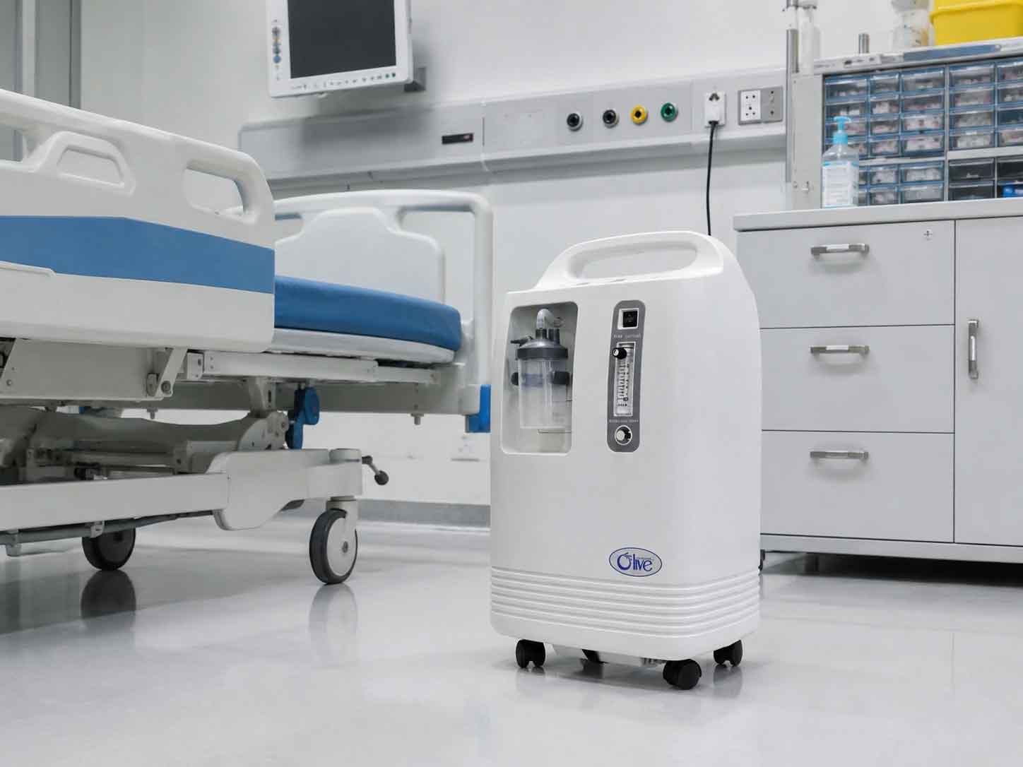 Olive oxygen concentrator beside a hospital bed